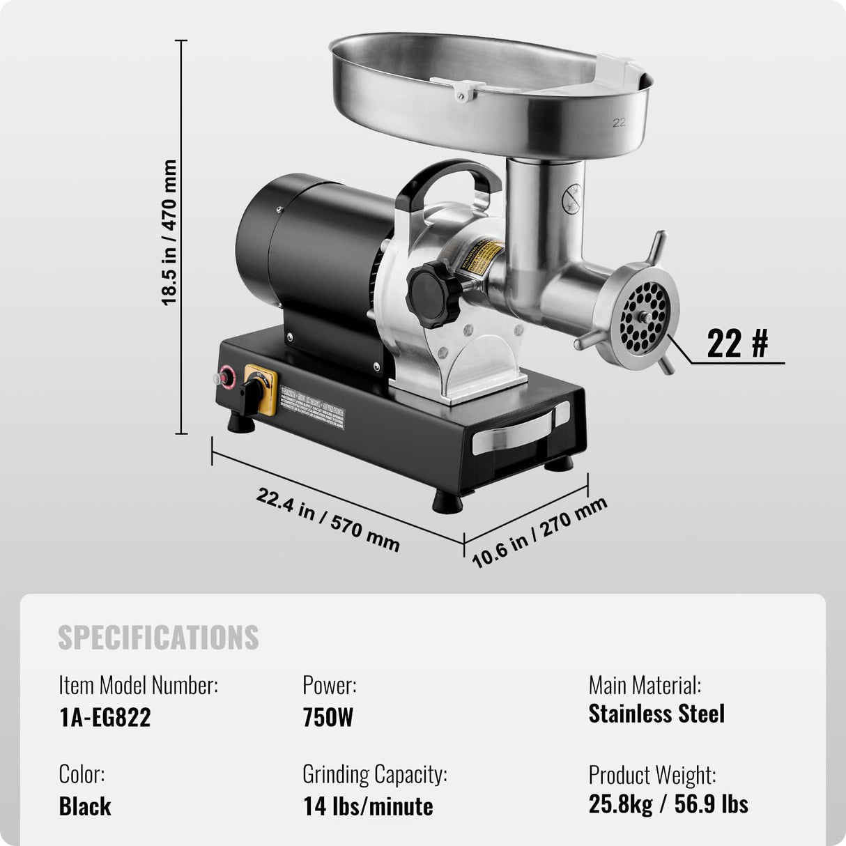 VEVOR Picadora de Carne Eléctrica Industrial de Encimera, Capacidad de 6,36 kg/Min, con Cuchilla, Placa Molienda, para Hacer Salchichas, Acero Inoxidable, para Cocina y Restaurante, 570 x 270 x 470 mm