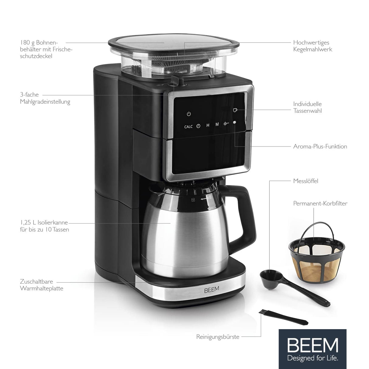 BEEM Cafetera de filtro Fresh Aroma-PERFECT III con mecanismo de molienda, térmica, de acero inoxidable, jarra aislante, mecanismo cónico y Aroma-Plus, filtro permanente, temporizador 24 h, 10 tazas