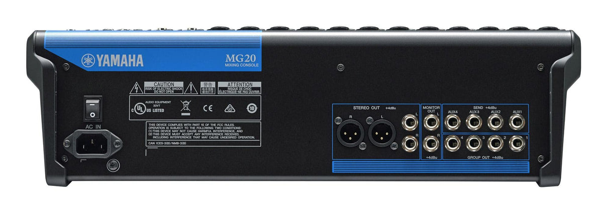 Yamaha MG20 Mezclador compacto de 20 canales, 4 buses de grupo, 4 AUX, kit para montaje en rack y preamplificadores de micro D-PRE