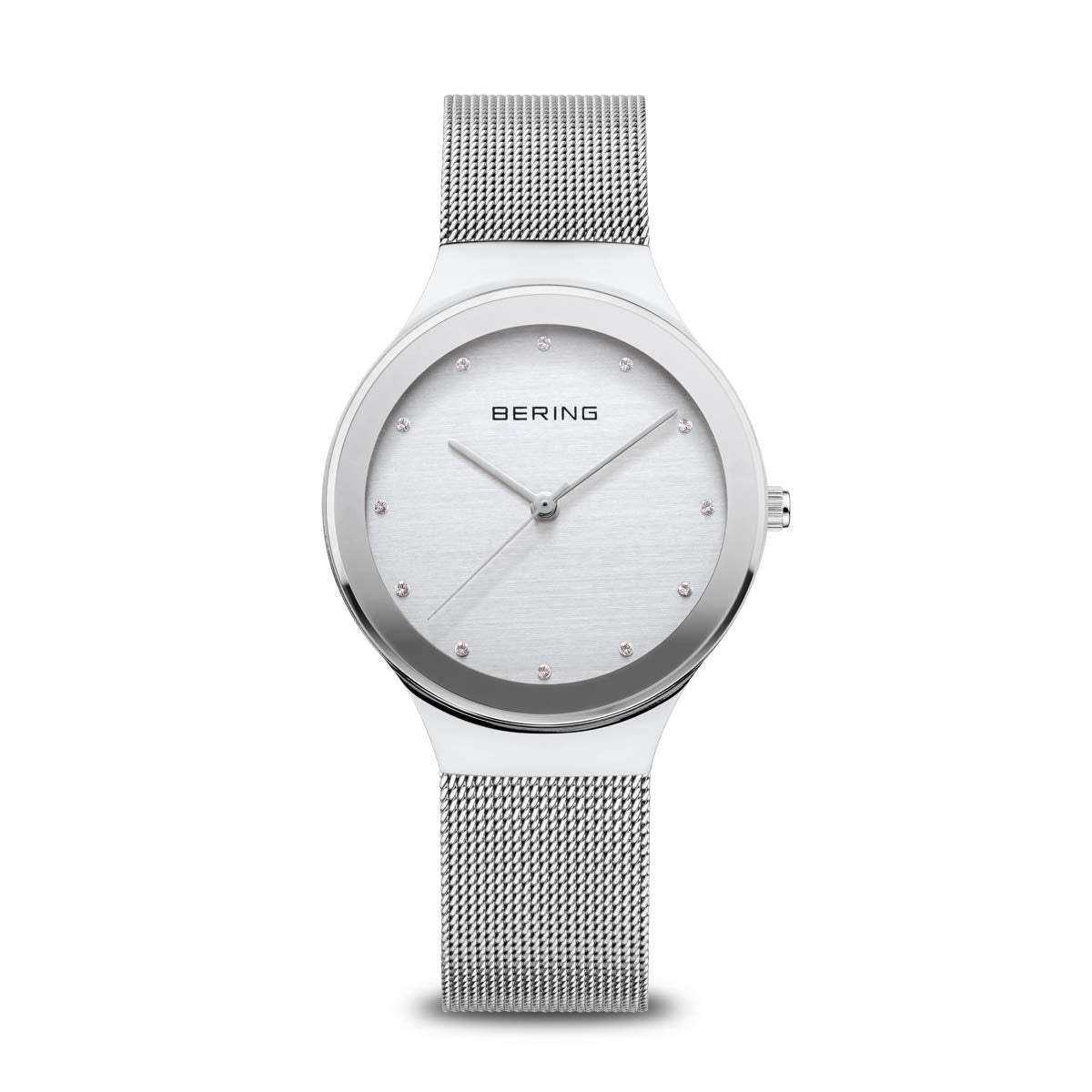 BERING 12934-000 Reloj de cuarzo para mujer con caja de acero inoxidable plateado de 34 mm y esfera plateada, correa milanesa, cristal de zafiro y resistencia al agua de 3 ATM