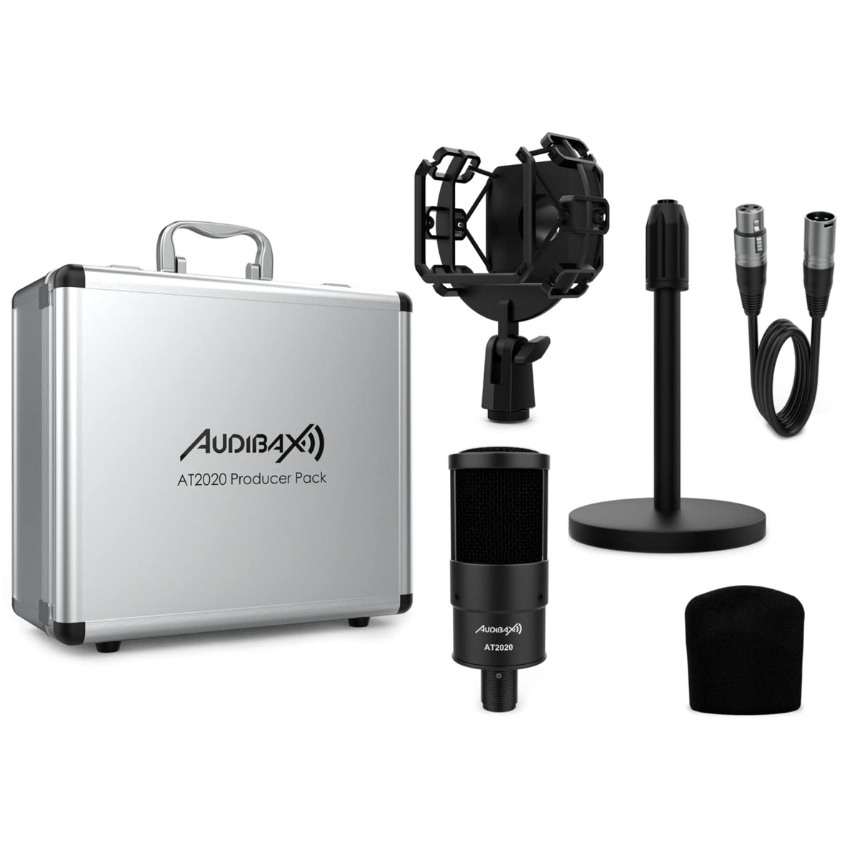 Audibax AT2020 - Microfono de Condesandor de Estudio - Incluye Cable XLR, Soporte de Mesa y Araña, Antivientos y Maletín - Respuesta en Frecuencia 50 Hz/20 KHz - Micrófono con Patrón Polar Cardioide