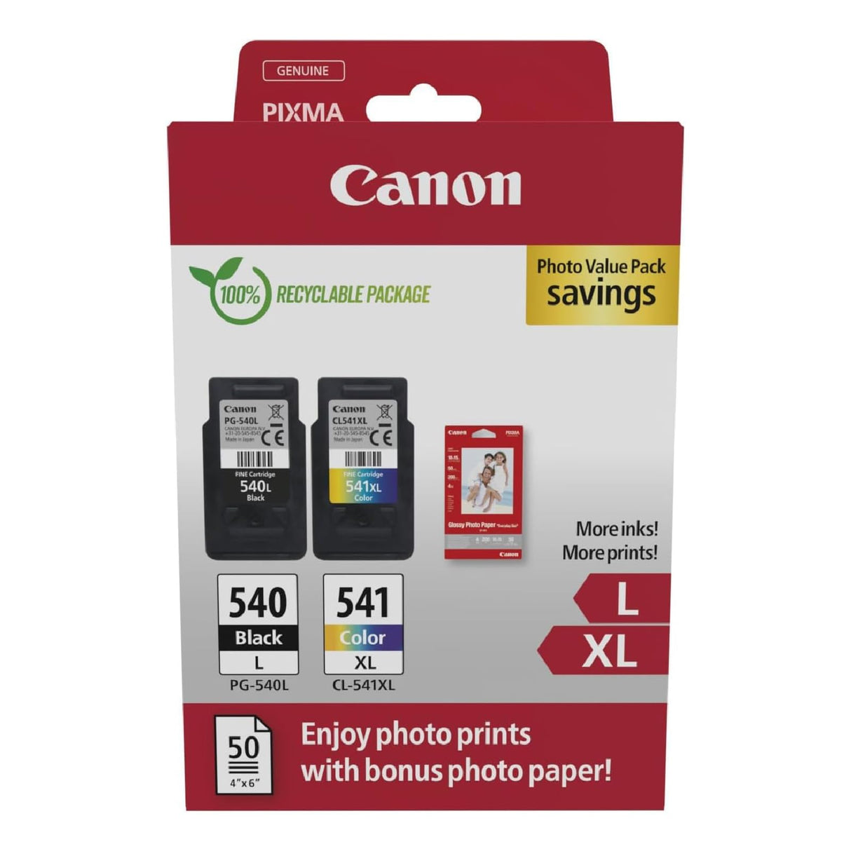 Canon Tinta y Papel - PG-540 + CL-541XL - Pack de 2 Cartuchos Originales - (x 1 Negro, x 1 Tricolor) + Papel fotográfico 10 x 15 cm (50 Hojas)