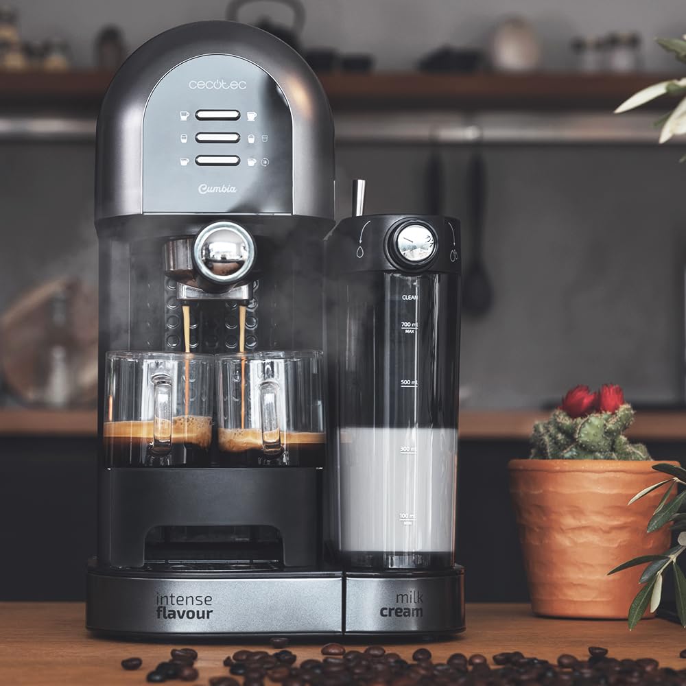 Cecotec Cafetera Semiautomática Power Instant-ccino 20 Chic Serie Nera. para café molido y en cápsulas, 20 Bares, Depósito de Leche 0.7ml, Depósito de Agua 1.7L, 1470W