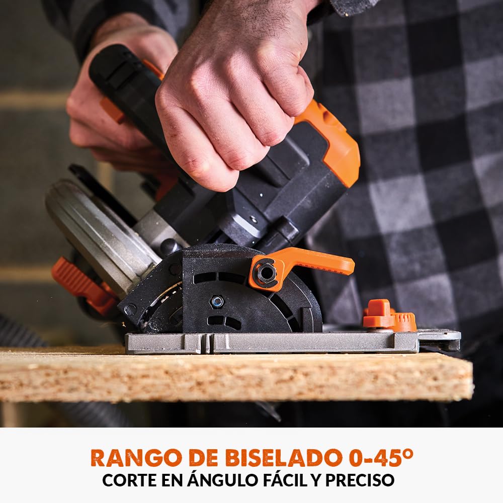 Evolution Power Tools R185CCSX-Li Sierra circular sin cable compatible con carril 18v Li-Ion EXT Incluye hoja multi-material TCT, corta madera, metal, plástico, batería y cargador incluidos, 185mm