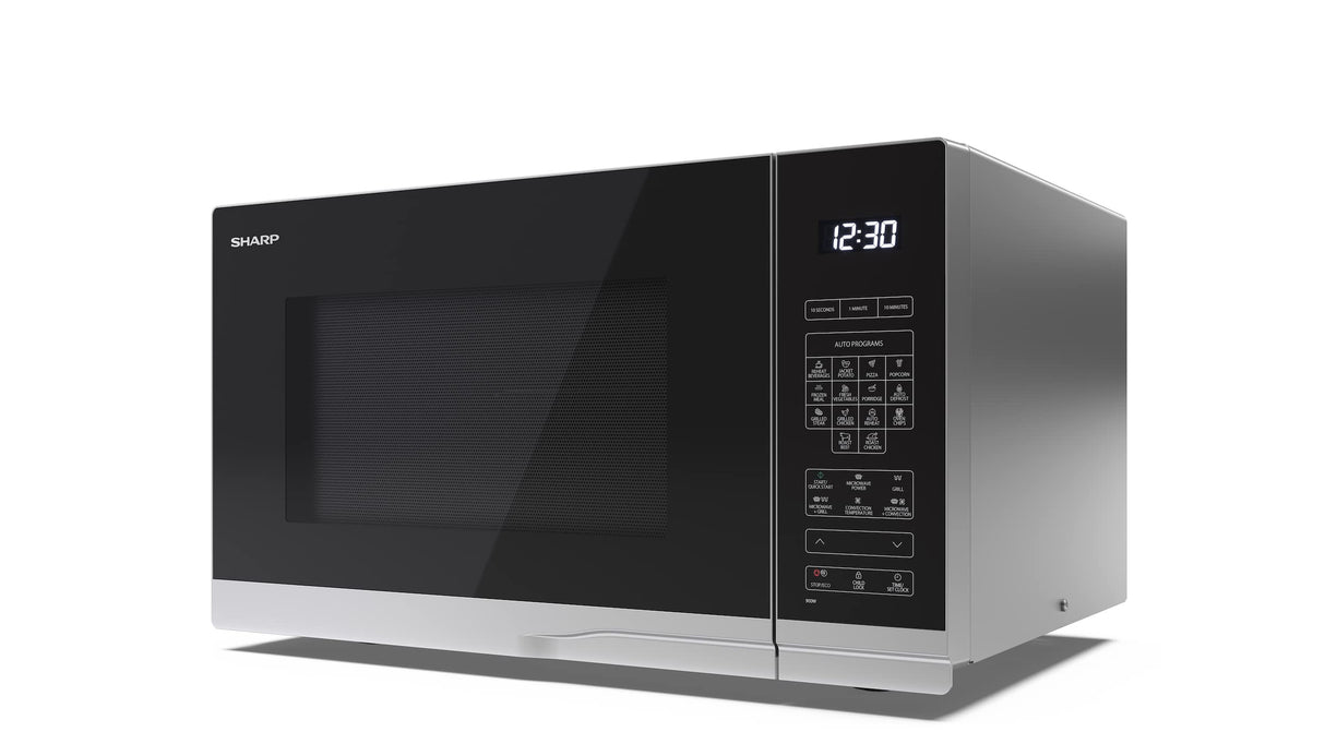 SHARP YC-PC322AE-S Microondas con grill y aire caliente (1000 W, 32 L, 10 niveles de potencia, función eco, función descongelador), color plateado y negro