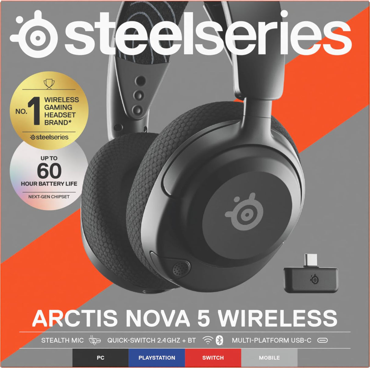SteelSeries Arctis Nova 5 Cascos gaming inalámbricos PC, PS5, Switch 2, móvil - Controladores magnéticos de neodimio - Más de 100 preajustes de audio - Batería de 60h - 2,4 GHz o BT - Micro Gen2.X