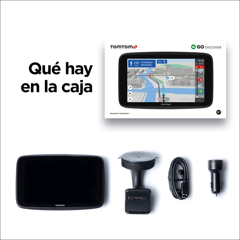 TomTom GPS para coche GO Discover, 6 pulgadas, con tráfico y radares, mapas del mundo, actualizaciones rápidas via WiFi, disponibilidad de parking, precios de combustible, soporte Click-Drive