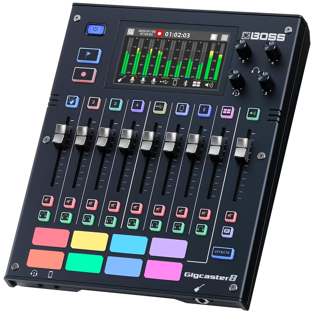 BOSS Gigcaster 8 | Mezclador de streaming de audio de 8 canales con entrada directa de guitarra/bajo | 4 entradas combo XLR/TRS | Micro estéreo integrado | 8 pads SFX | Interfaz de audio USB 20x14