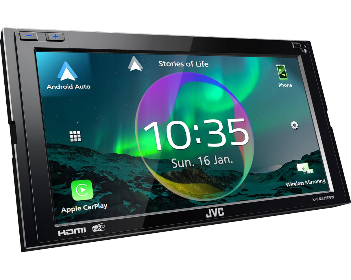 JVC KW-M875DBW - Receptor Multimedia AV de 17,3 cm (6,8") con CarPlay inalámbrico y Android Auto (4x50W, Dab+/FM, Bluetooth, 3 pre-Salidas de 4V, USB-C, Control de iPod/iPhone).