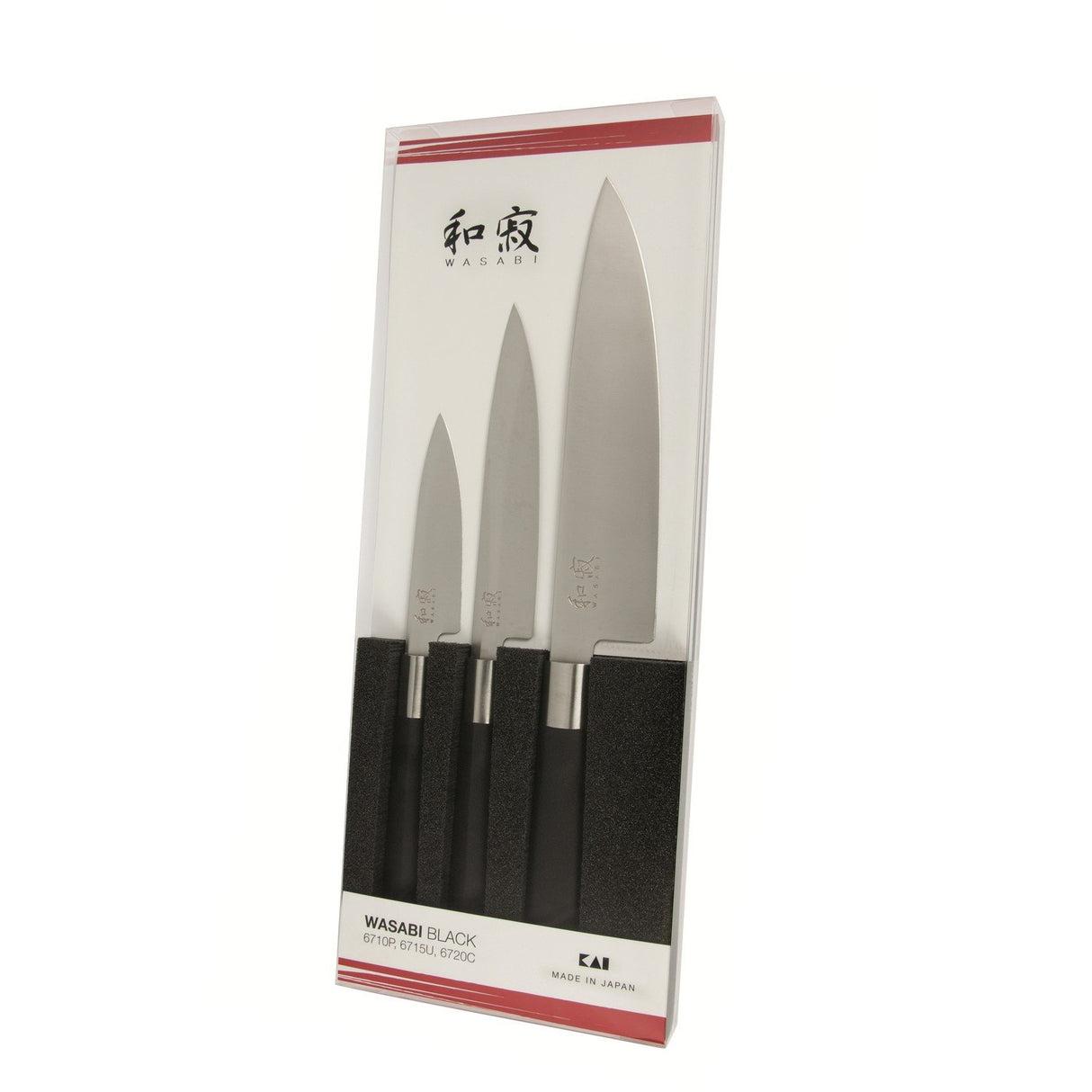 KAI Wasabi Black Juego de cuchillos 3 piezas - Cuchillo multiusos de 10 cm, Cuchillo multiusos de 15 cm, Cuchillo de chef de 20 cm - Acero inoxidable 6A/1K6 pulido 58 HRC Mango de polipropileno negro