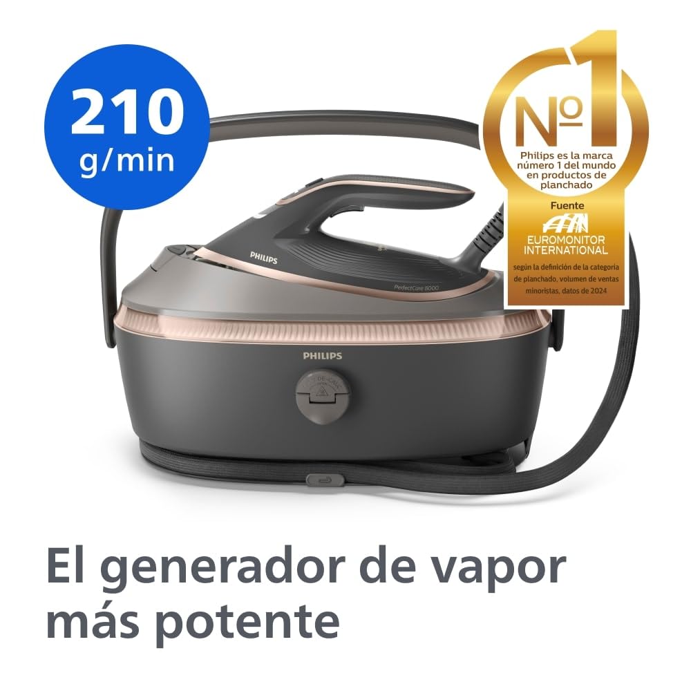 Philips Generador de vapor PerfectCare Serie 8000-210g de impulso de vapor, sensor de movimiento AI, OptimalTEMP, suela SteamGlide Elite, tanque de 1.4L, descalcificación fácil (PSG8200/80)