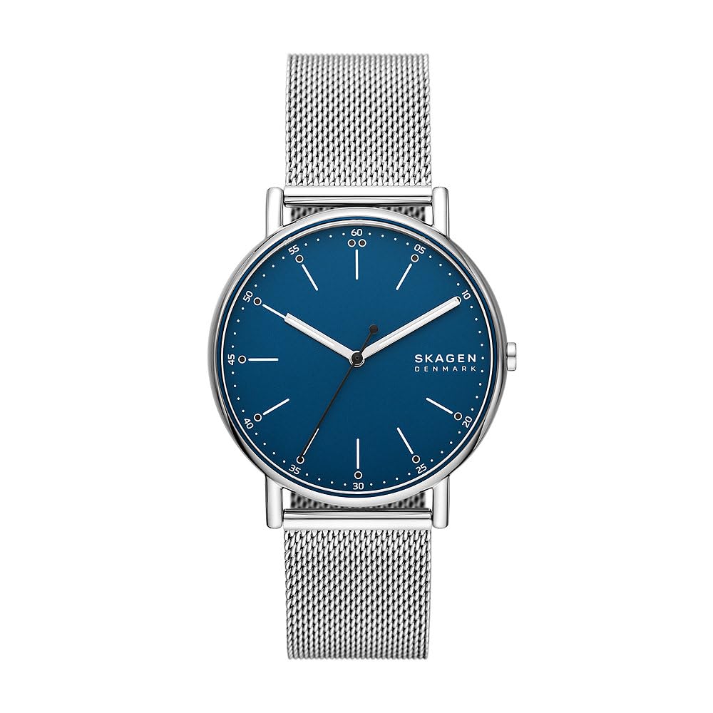 Skagen Signatur reloj para hombre, movimiento de cuarzo con correa de piel o acero inoxidable, Tono plata y azul, 40MM