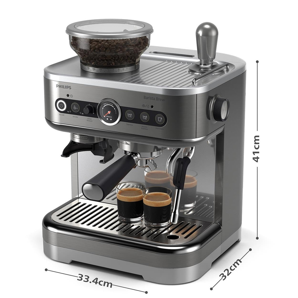 Cafetera espresso semiautomática Philips Barista Brew - Espresso simple y doble + Botón Americano, recipiente de 250 g de café en grano, guía intuitiva, prensado calibrado, acero Inox (PSA3218/01)