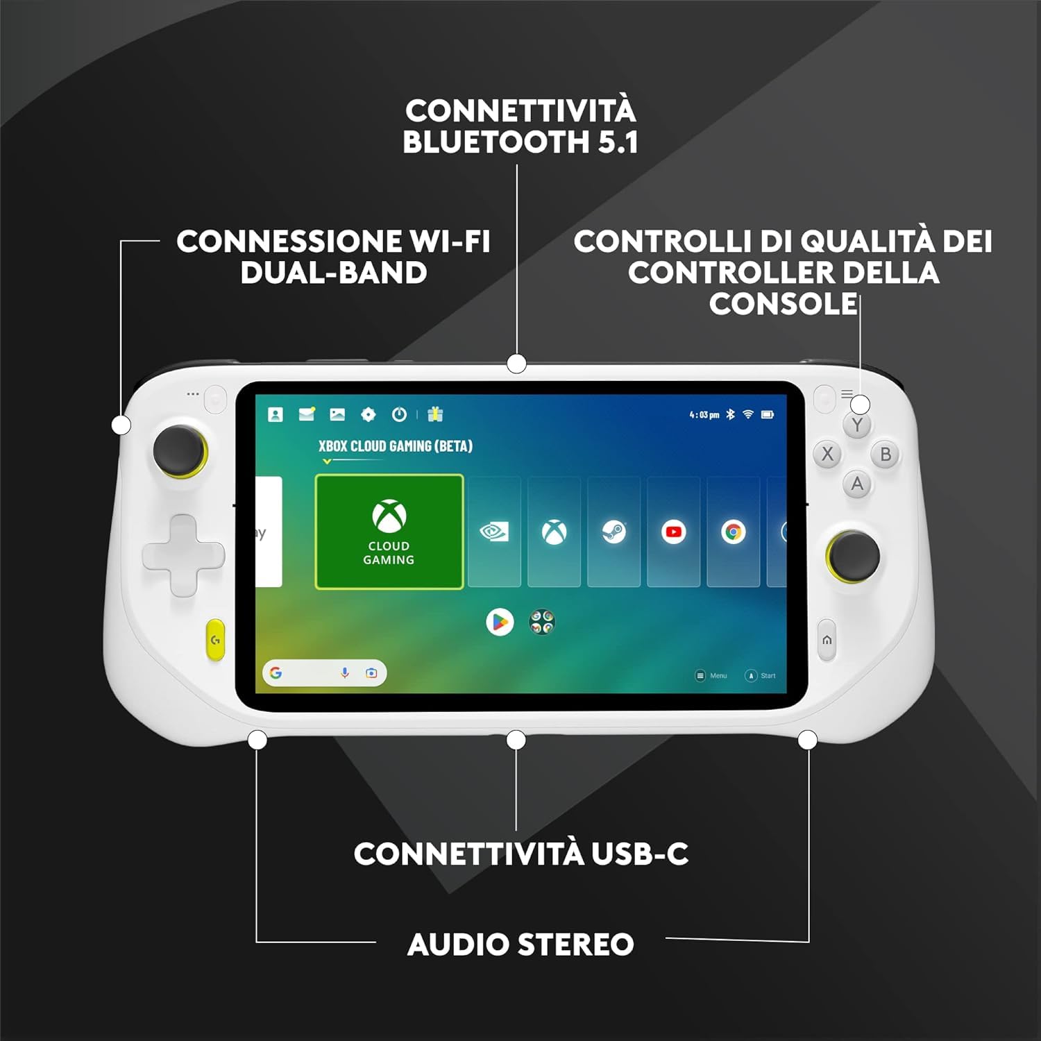 Logitech G Cloud Gaming Handheld, Consola Portátil con Batería de Larga Duración, Pantalla Táctil 1080P de 7 in, diseño ligero, Xbox Cloud Gaming, NVIDIA GeForce NOW, Google Play, Enchufe EU, Blanco