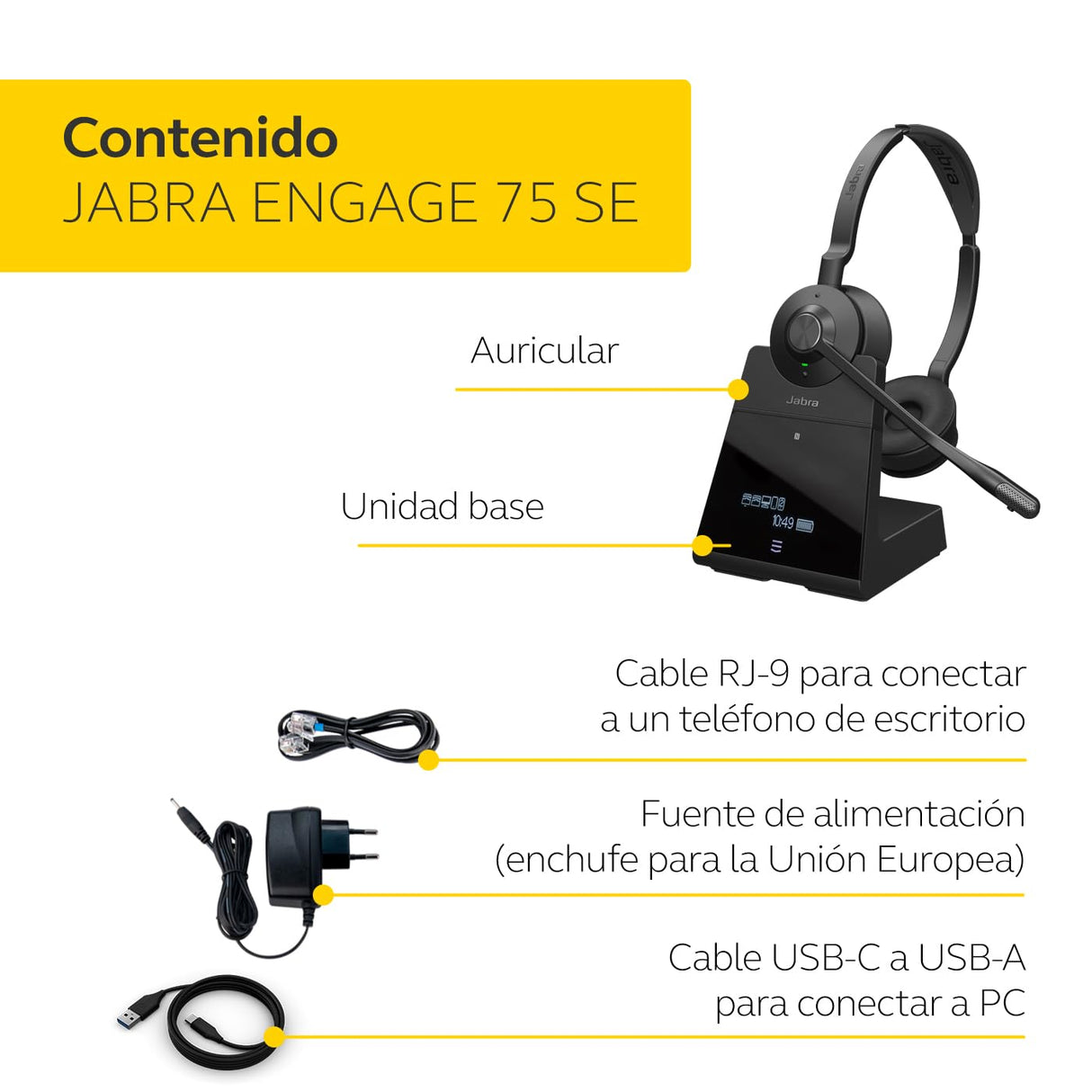 Jabra Engage 75 SE - Auriculares inalámbricos Bluetooth USB-A a USB-C Ideales para oficinas ruidosas, tecnología de micrófono Avanzada, Base de Carga, se Conecta a Dos Dispositivos