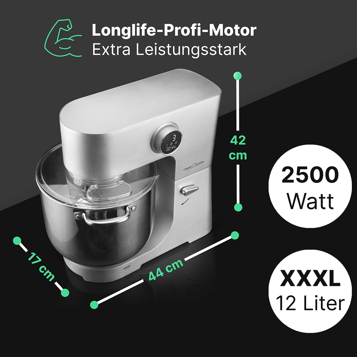 ProfiCook® robot de cocina | XXL | 12L bol | amasadora | motor 2500W | engranaje metálico | pantalla LED | robot de cocina | para hasta 8,5 kg de masa | 13 velocidades | PC-KM 1254 acero inoxidable