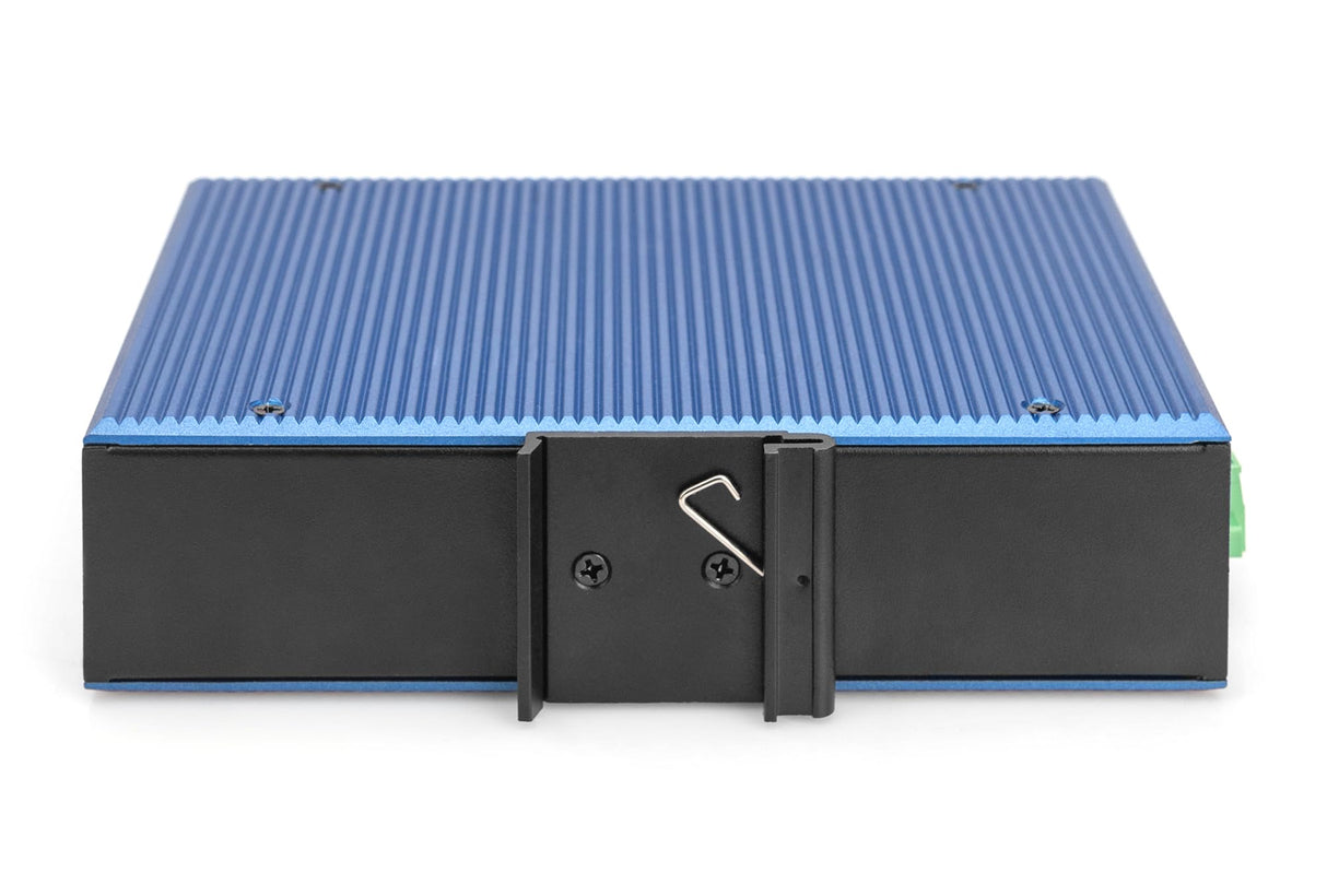 DIGITUS Conmutador de Red PoE - 12 Puertos Gigabit Ethernet - 8X RJ45 + 4X SFP+ 10 Gigabit - IP40 - L3 gestionado, VLAN - 10/100/1000 Mbit/s - Montaje en Carril DIN - Serie Industrial - Negro/Azul
