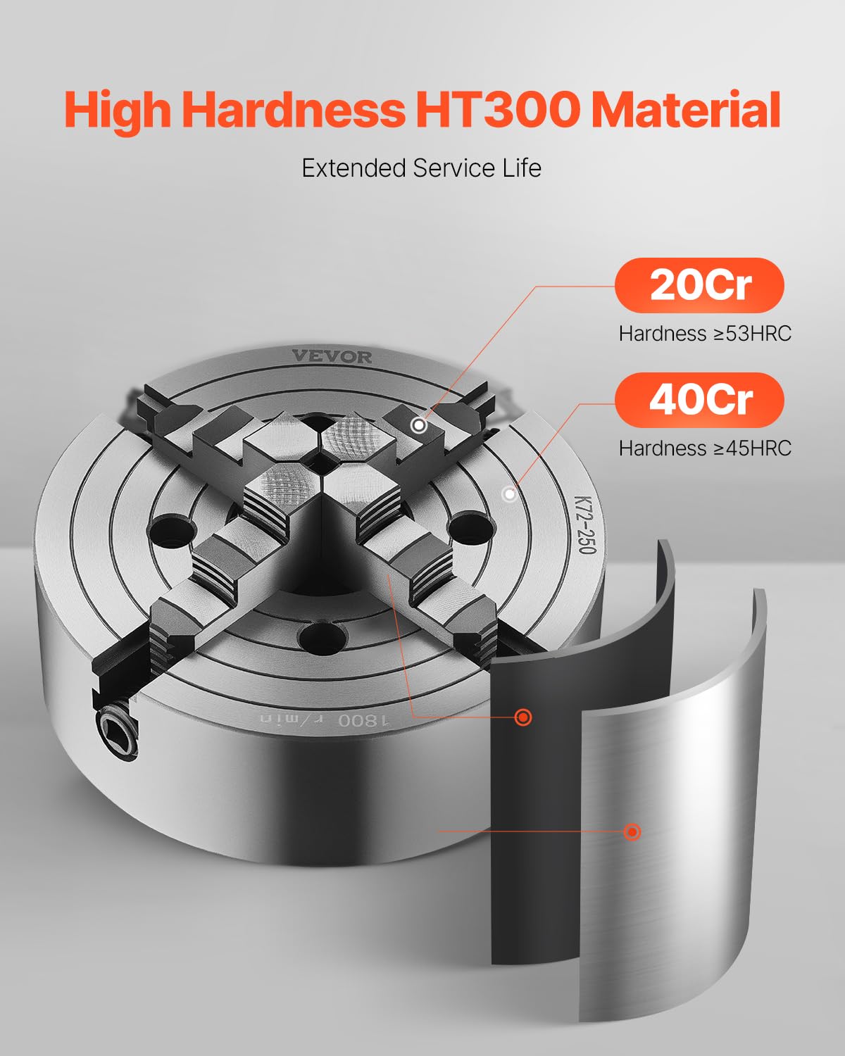 VEVOR Mandril de Torno de 4 Mordazas 25cm Autocentrante Rango de Sujeción de 15-250 mm con Tornillos de Fijación con Llave en T, Mordazas Reversibles, Interior/Exterior para Torno de Madera y Metal