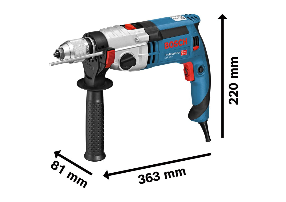 Bosch Professional GSB 24-2 - Taladro percutor (1100 W, 2 velocidades, 3000 rpm, Ø max perforación hormigón 22 mm, en maletín)