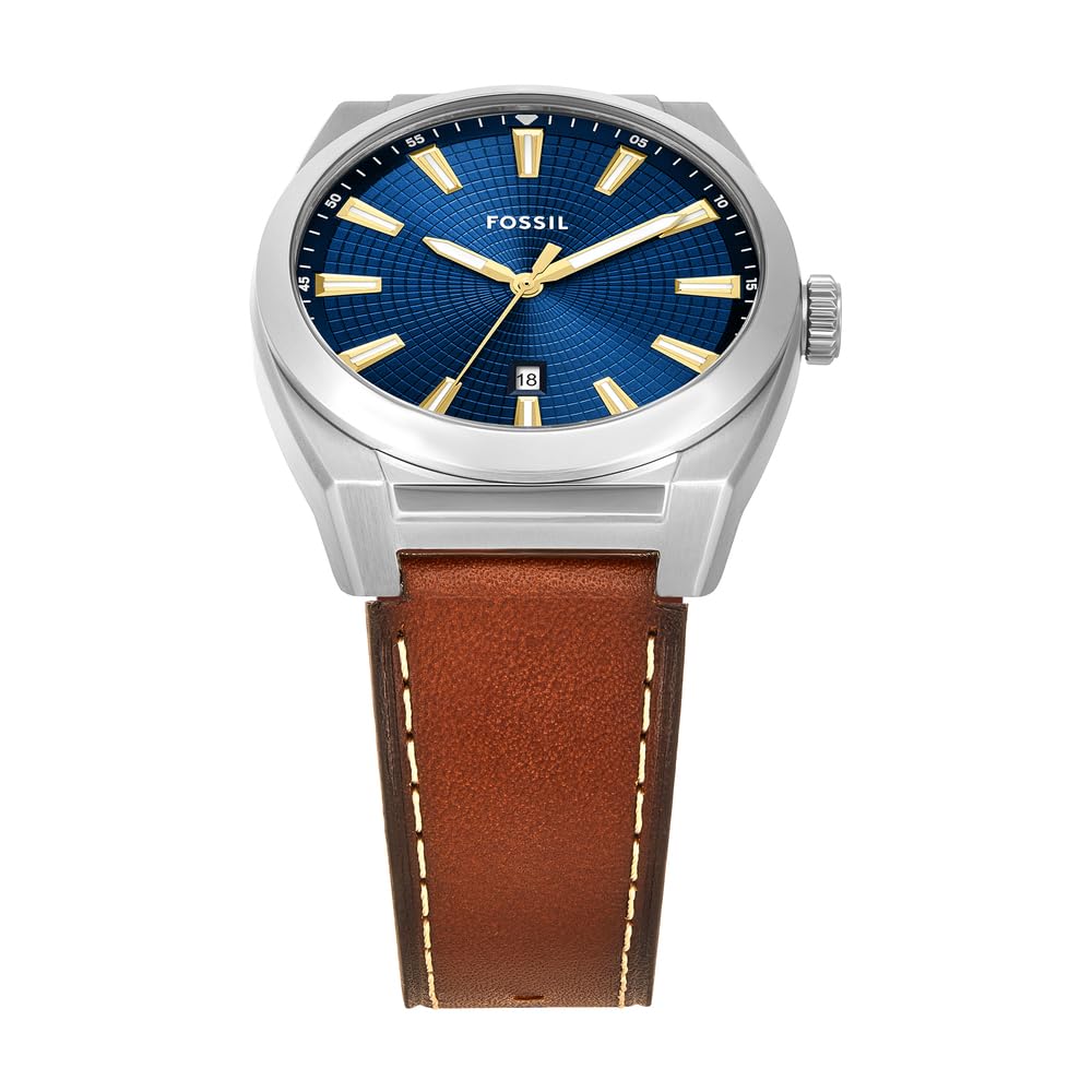 Fossil Reloj Everett para Hombre, Movimiento de Cuarzo con Fecha a Tres Agujas y Correa de Piel o Acero, Marrón y Azul