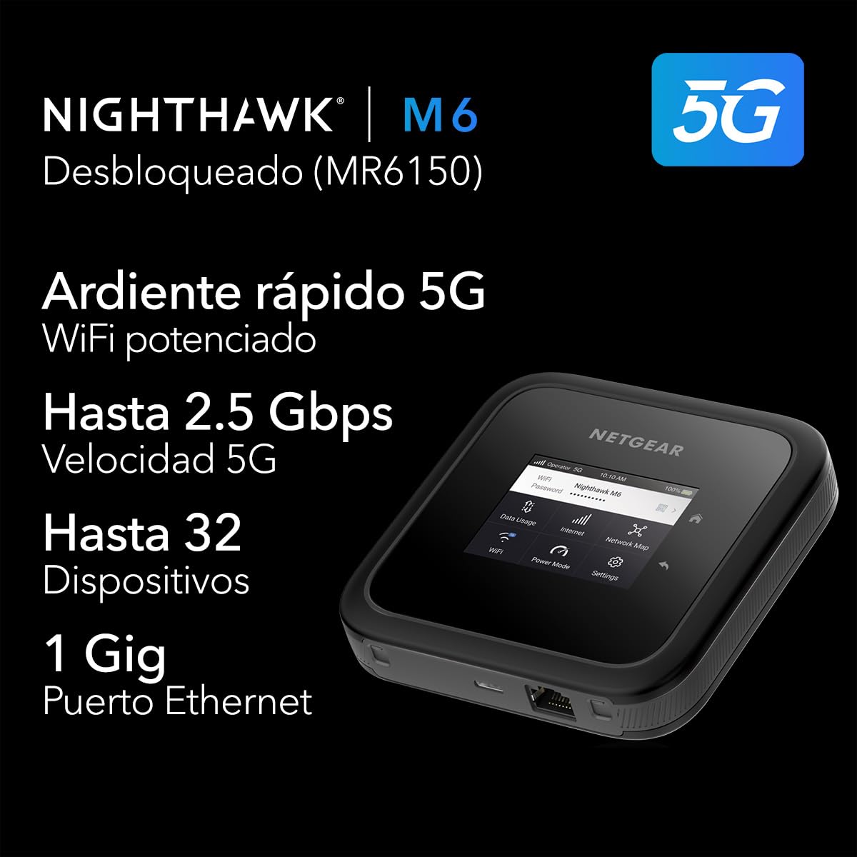 NETGEAR Nighthawk M6 (MR6150)| Router 5G Con Ranura Sim Desbloqueada | Hotspot 5G Para WiFi Portátil | Router Módem Móvil 5G para Hogar/Empresa | 5G & 4G MiFi | AX3600 WiFi 6, hasta 32 dispositivos