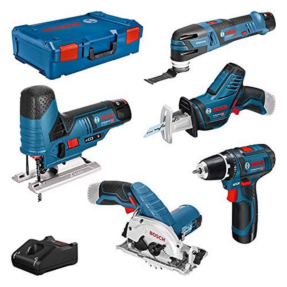 Bosch Professional 12V - atornillador GSR 12V-15 +sierra de calar GST12V-70 +sierra circular GKS 12V-26 +sierra sable GSA 12V-14 +multiherramienta GOP 12V-28 +linterna GLI12V-80 (3 baterías, XL-BOXX)