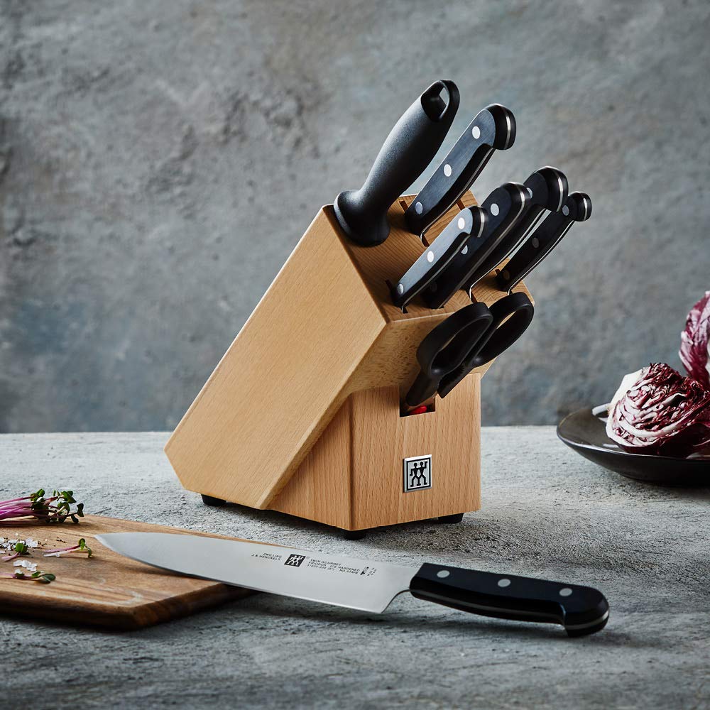 ZWILLING Bloque de cuchillos, 9 piezas, Bloque de madera, Cuchillos y tijeras de acero inoxidable especial/mango de plástico, Twin Gourmet
