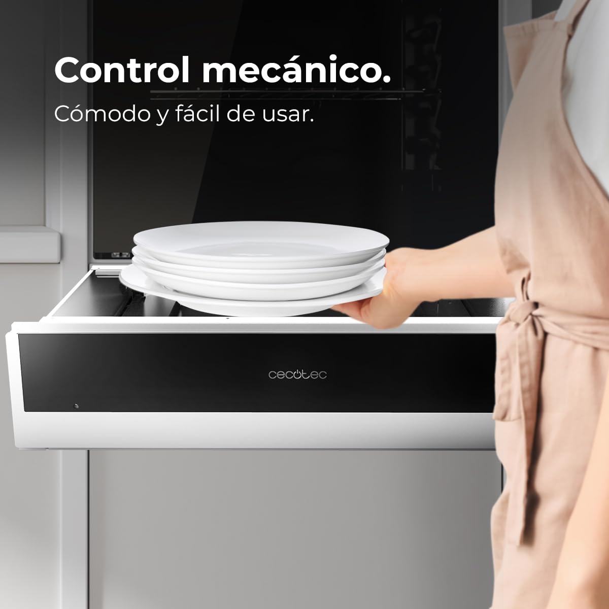 Cecotec Cajón Calientaplatos Integrable 60cm Bolero Hexa WD Edge. 470W Potencia Máxima, Temperatura Ajustable 30-80º, Control Mecánico, Alfombra Antideslizante Interior, Negro e INOX