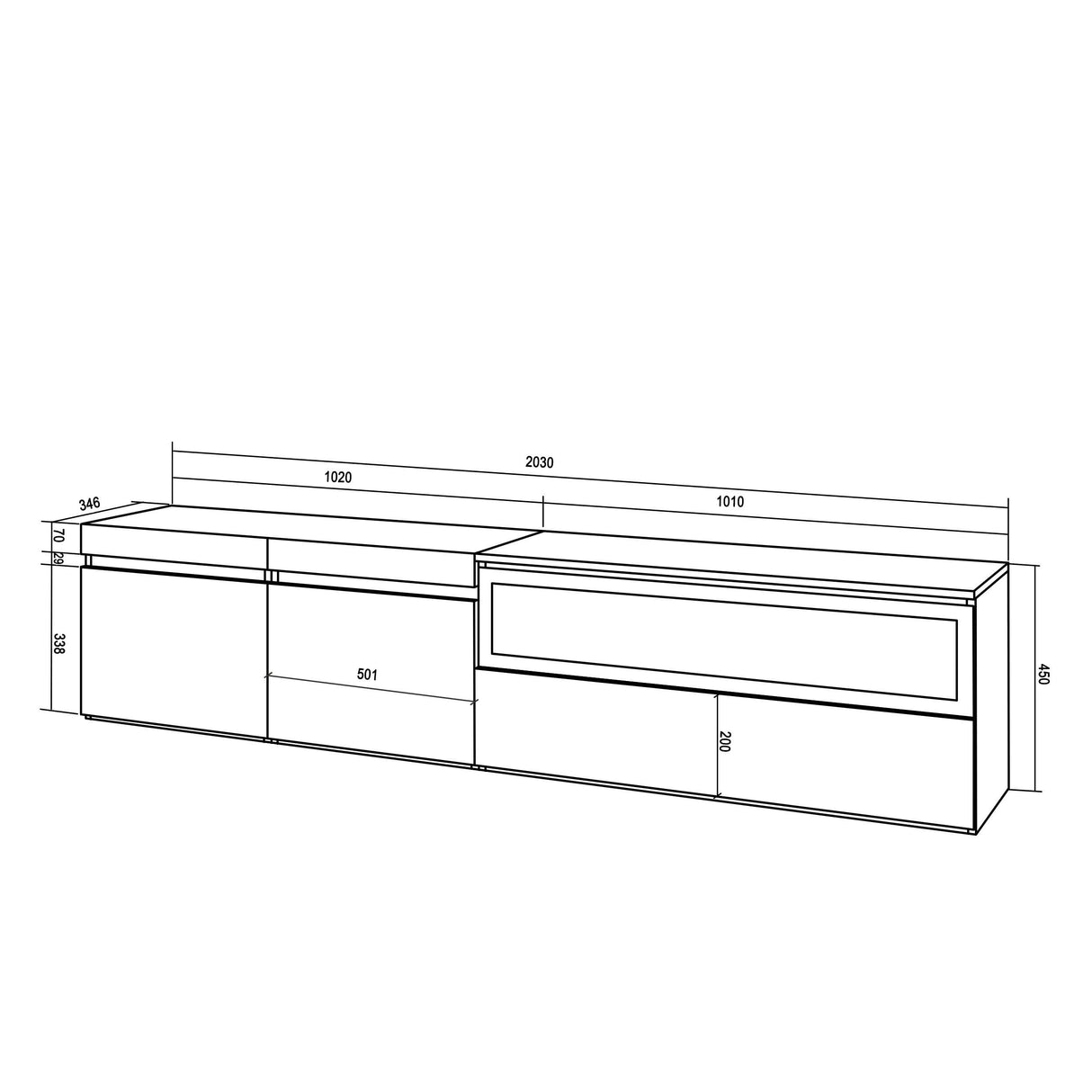 Skraut Home | Mueble TV | Televisión | Muebles de salón, almacenaje | 200x45x35cm | para TV hasta 80" | Chimenea eléctrica | Colgado, Suspendido | Estilo Moderno | Roble y Negro