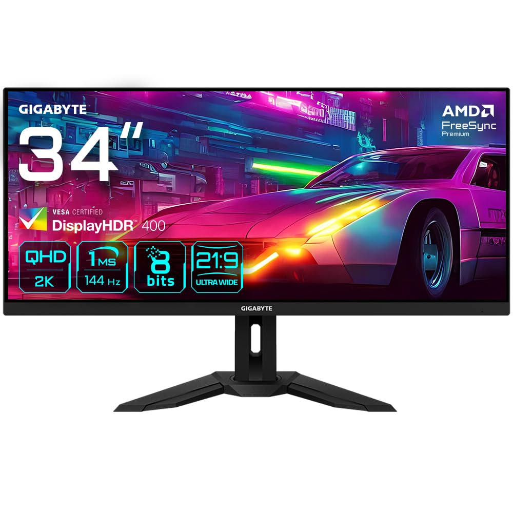 Gigabyte M34WQ 34" Monitor de Juego WQHD - 3440 x 1440, 144Hz, 1ms, 400 CD/m², FreeSync Premium, DisplayHDR400, HDMI 2.0, Displayport 1.4