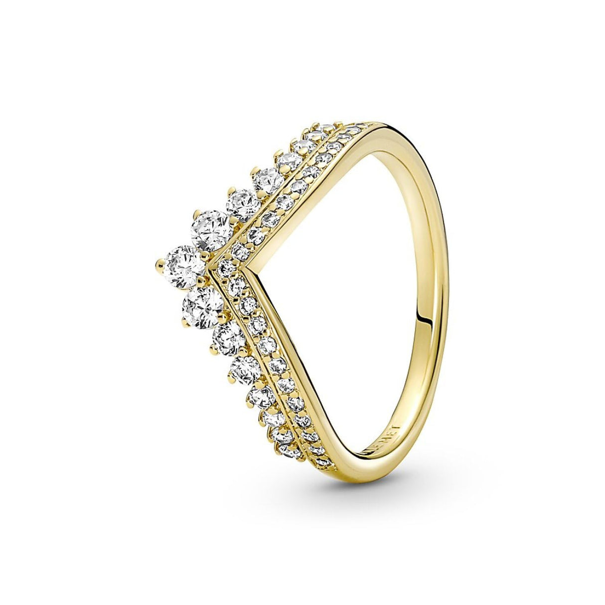 Pandora Timeless Anillo con diseño de tiara de hueso de la suerte chapado en oro de 14 quilates con circonitas cúbicas transparentes, talla 58