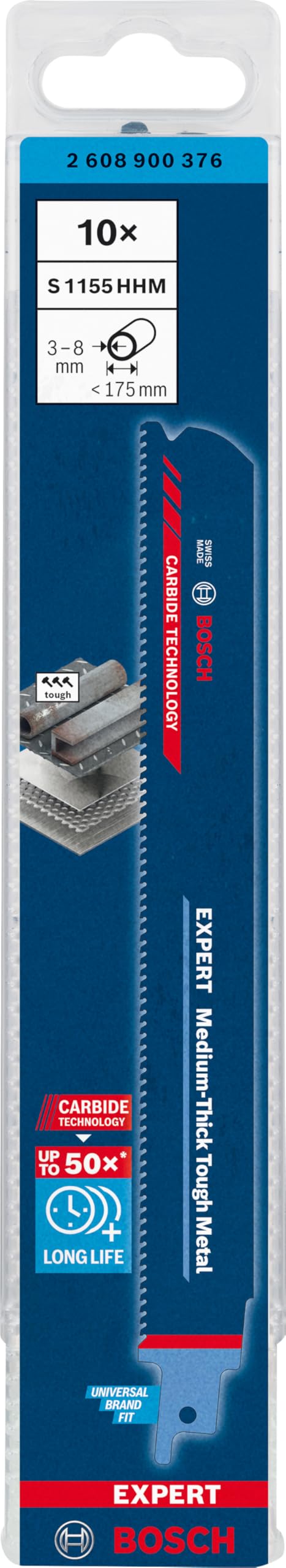 Bosch Professional 10x Hojas de sierra sable Expert ‘Medium-Thick Tough Metal’ S 1155 HHM (para Acero resistente, Láminas de acero inoxidable, Longitud 225 mm, accesorios Sierra sable)