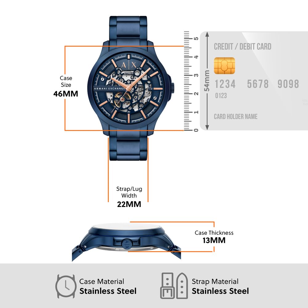 Armani Exchange Orologio da uomo, Movimento automatico a tre lancette e cassa da 46 mm con cinturino in Acciaio inossidabile, Teal