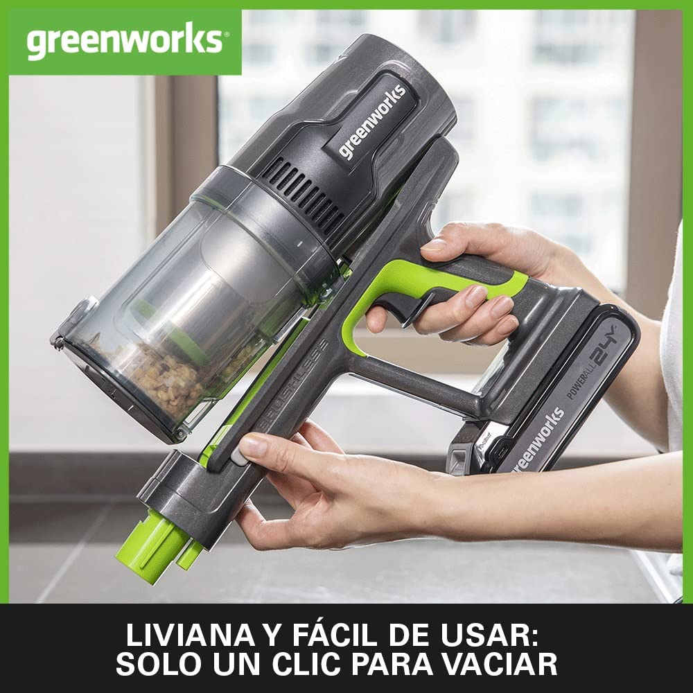 Greenworks GD24SV Aspiradora sin Cable, Gran Poder de Succión, 45 min de Operación, Filtro HEPA, Herramienta para el Pelo de Mascotas, 3 Niveles de Energía SIN Batería ni Cargador, Garantía de 3 Años