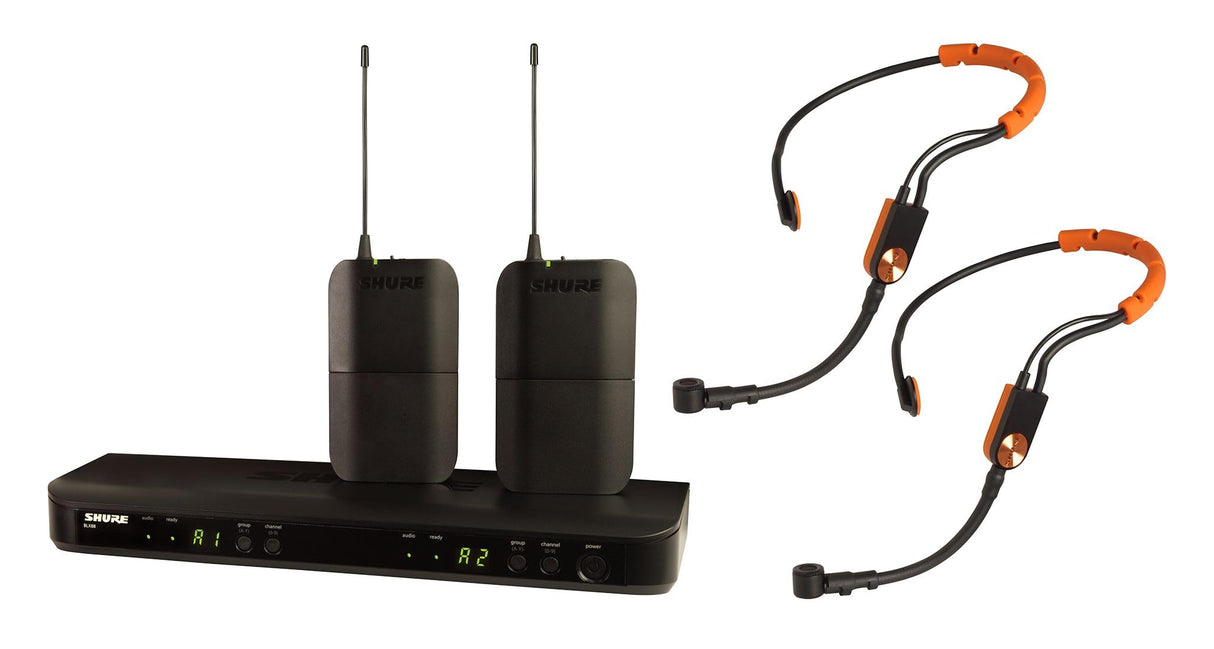 Shure Micrófono inalámbrico BLX188/SM31 UHF para Fitness y Aeróbicos con 2 micrófonos de Diadema, Receptor de Doble Canal, batería de 14 Horas y Alcance de 100m Banda S8