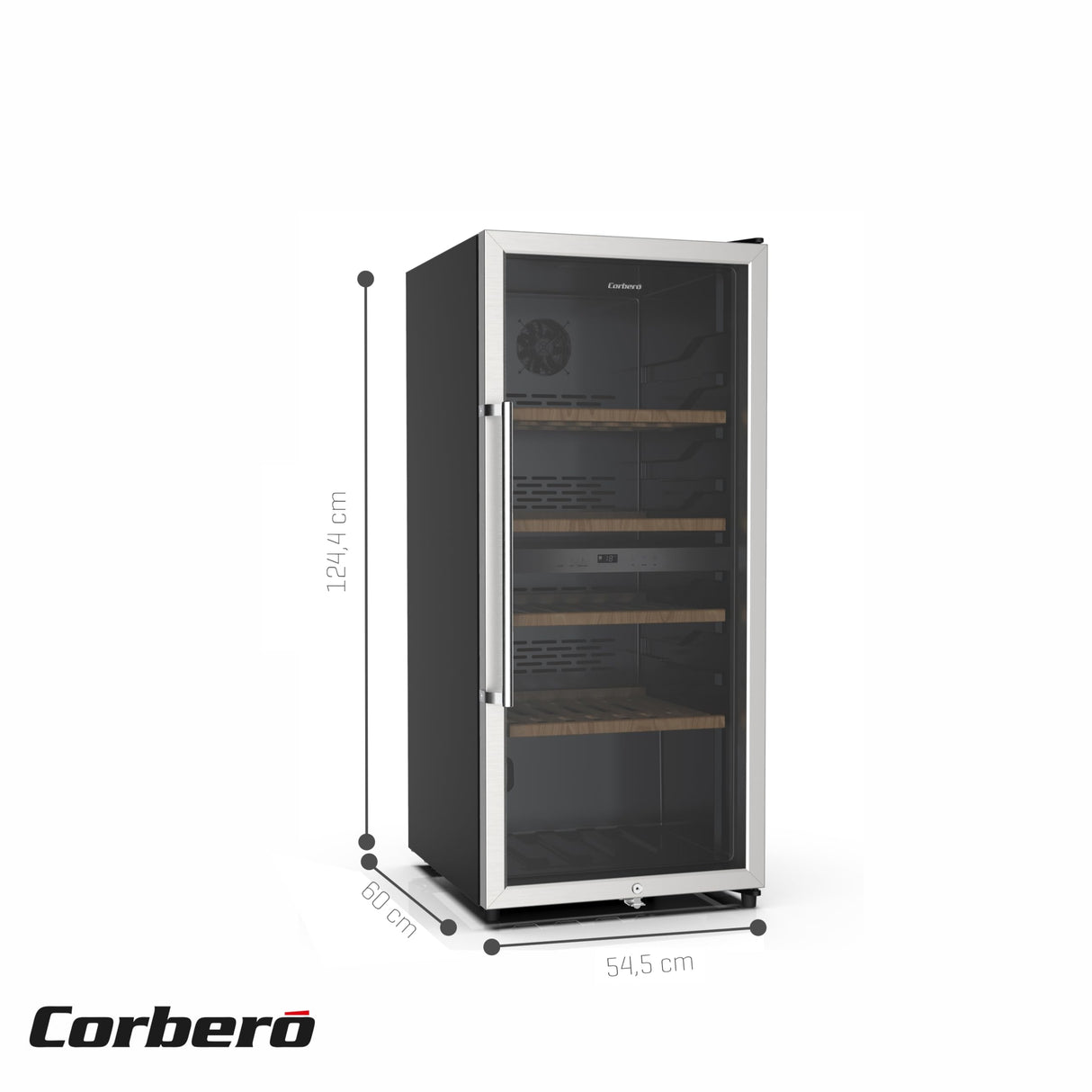Corberó - Vinoteca CFKWC91SWDZ | 200L | 91 Botellas | Estático Con Ventilador | Doble Zona | Nevera para vino con Luz LED | 4 Estantes de Madera | 45Db | Negro Puerta Cristal