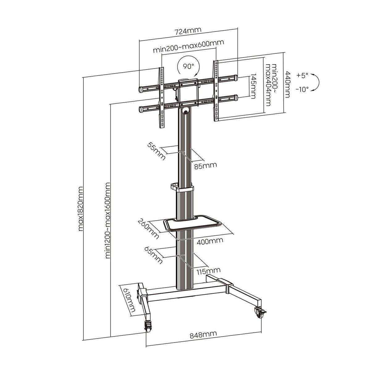 Aisens FT86TRE-197 Soporte de Suelo con Rueda Bandeja DVD para Monitor/TV hasta 50Kg 37"-86"