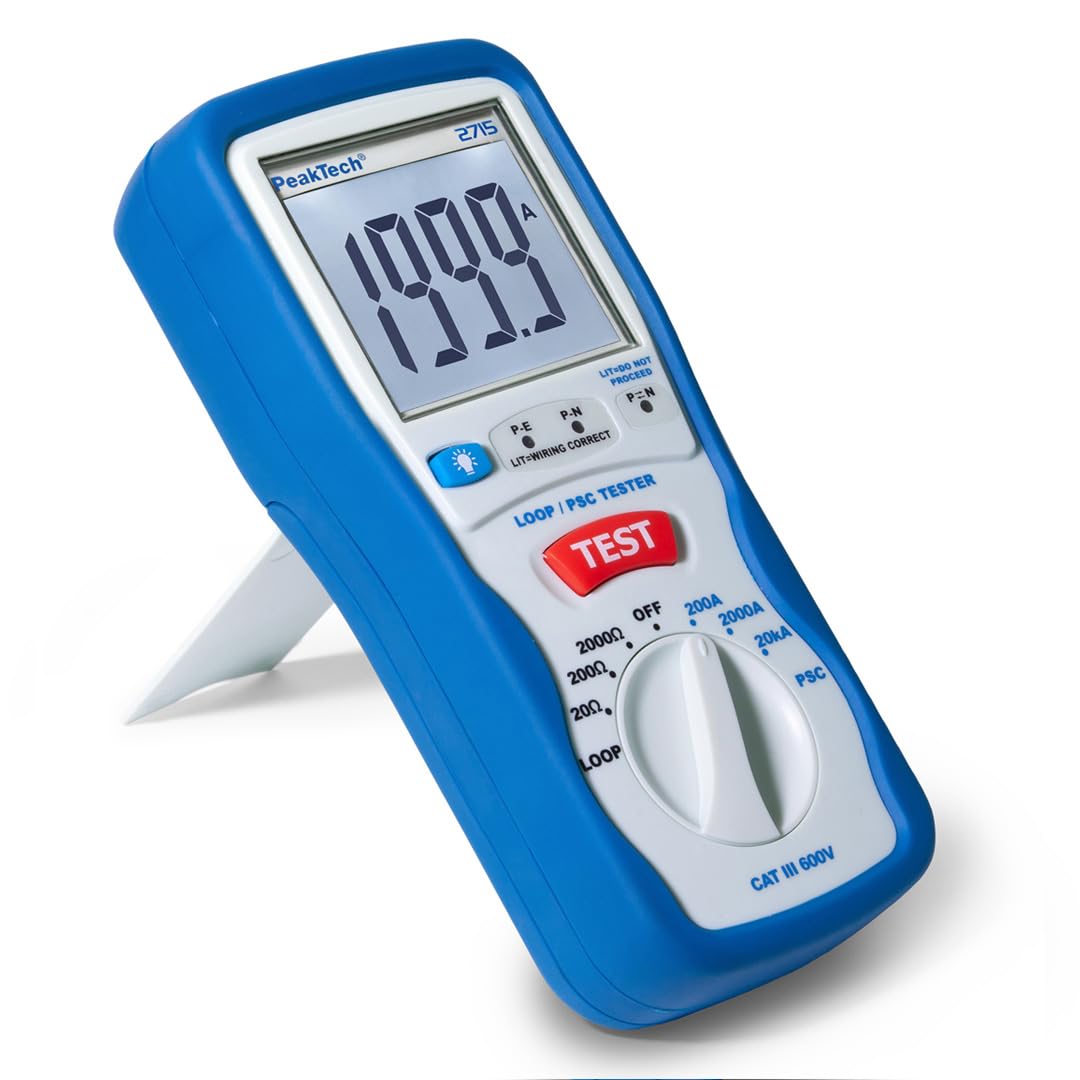 PeakTech 2715 – Probador digital de lazo PSC con pantalla LCD, probador para mediciones de impedancia, amperímetro de cortocircuito, fusible de circuito, carcasa aislada - CAT III 600 V