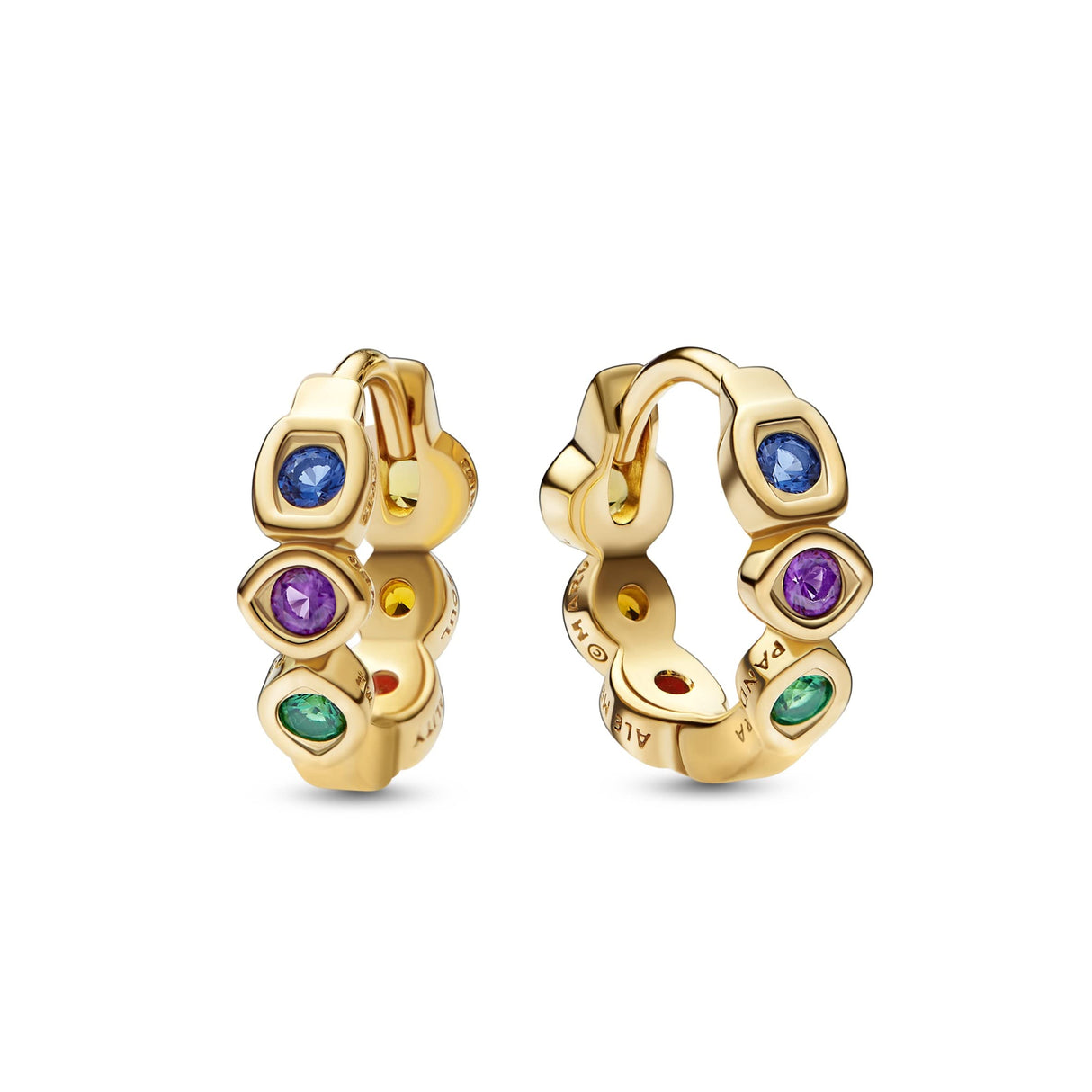 Marvel Infinity Pendientes de aro con símbolo de infinito chapados en oro de 14 quilates con cristal azul real, morado real, verde real, amarillo intenso, color miel y rojo salsa