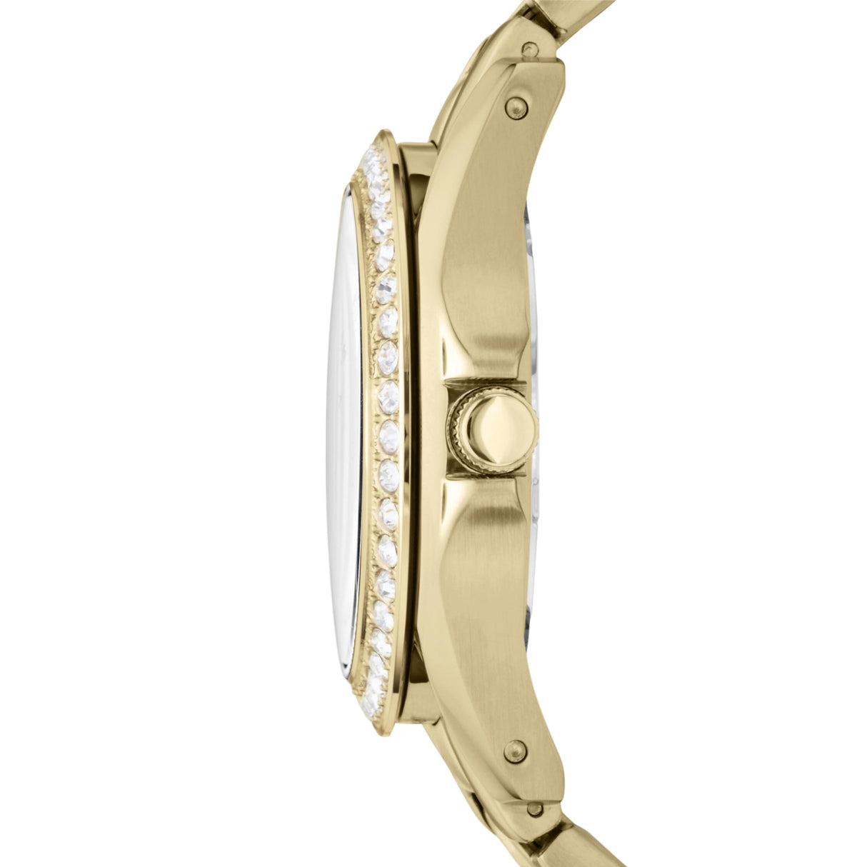 Fossil Riley Reloj para mujer, movimiento cronógrafo con correa de acero o piel, Dorado y purpurina, 38MM