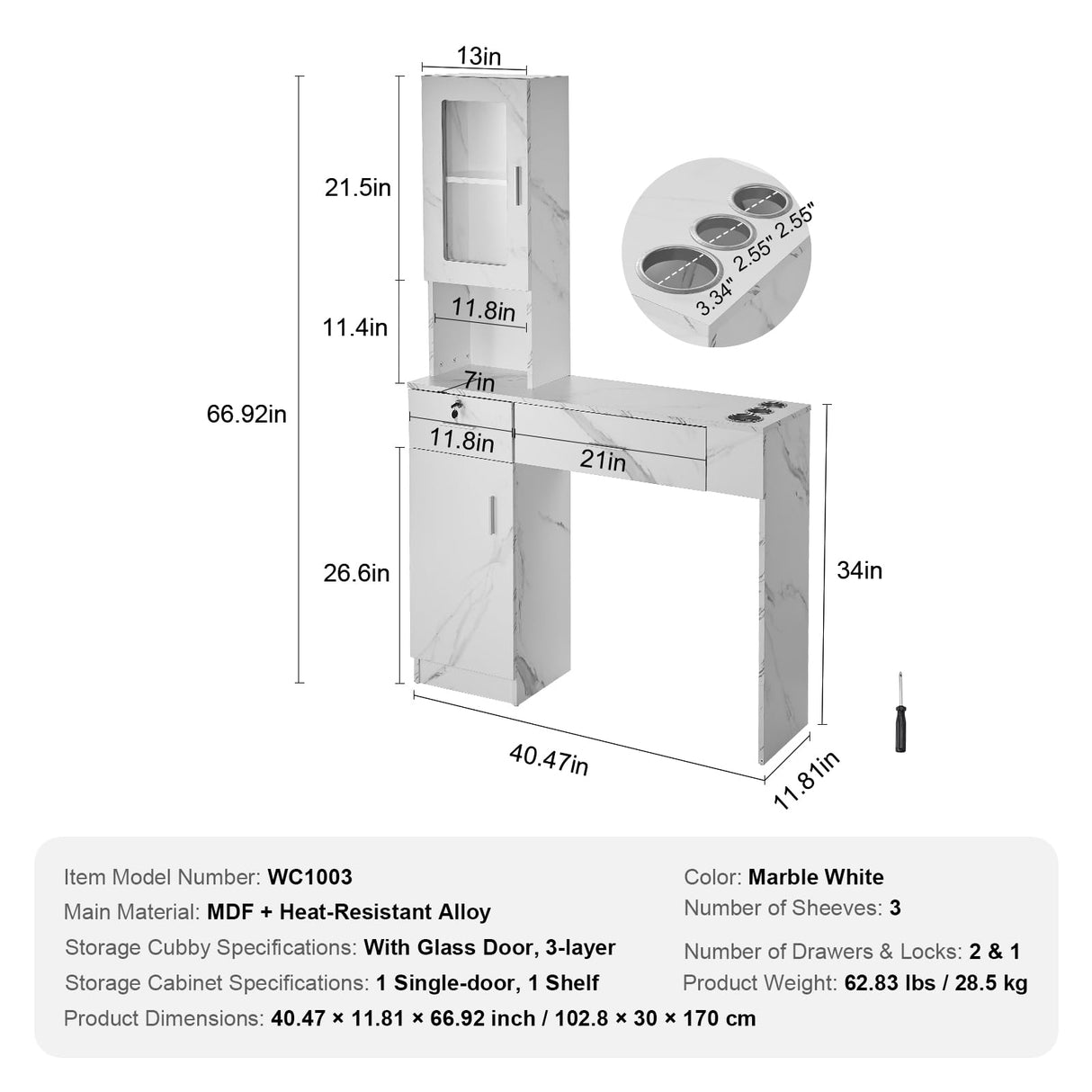 VEVOR Estación Blanca de Salón de Montaje en Pared para Estilista Juego de Muebles de SPA de Belleza 1 Gabinete de Almacenamiento 3 Cubículos y 2 Cajones 1 con Cerradura, para Salón, SPA, Peluquería
