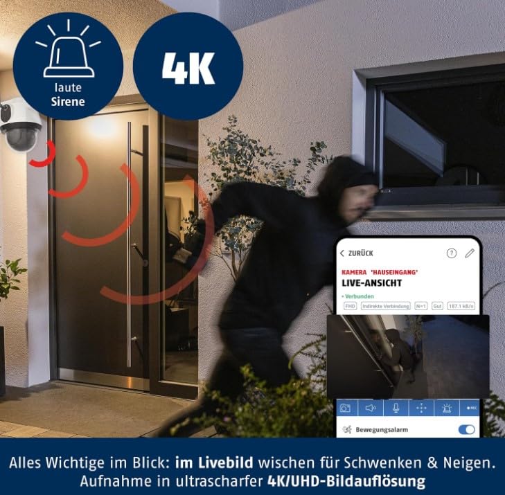 ABUS Cámara de vigilancia con detección de Movimiento, detección de Objetos, grabaciones 4K, notificaciones Push, visión Nocturna, Audio bidireccional, Tarjeta de Memoria, máscara de privacidad y