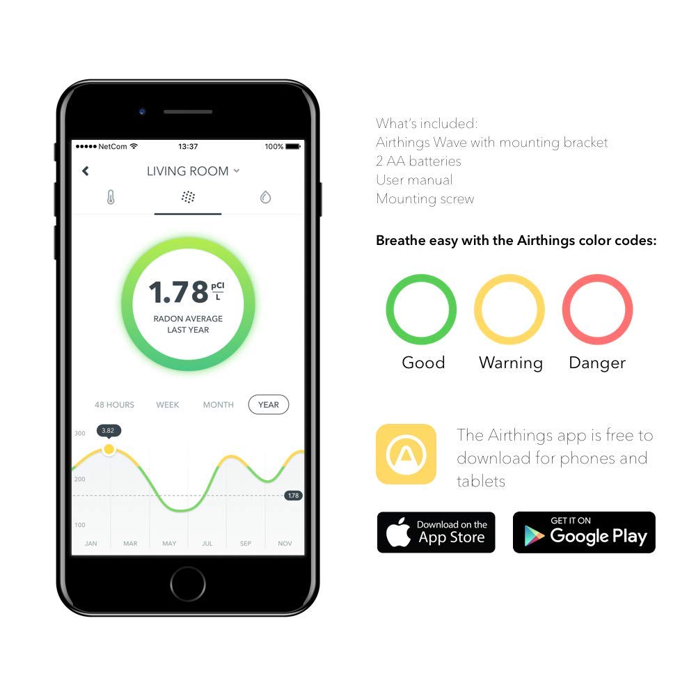 Airthings 2950 Wave Radon: detector inteligente de gas radón con monitor de humedad y temperatura, preciso, intuitivo e inalámbrico