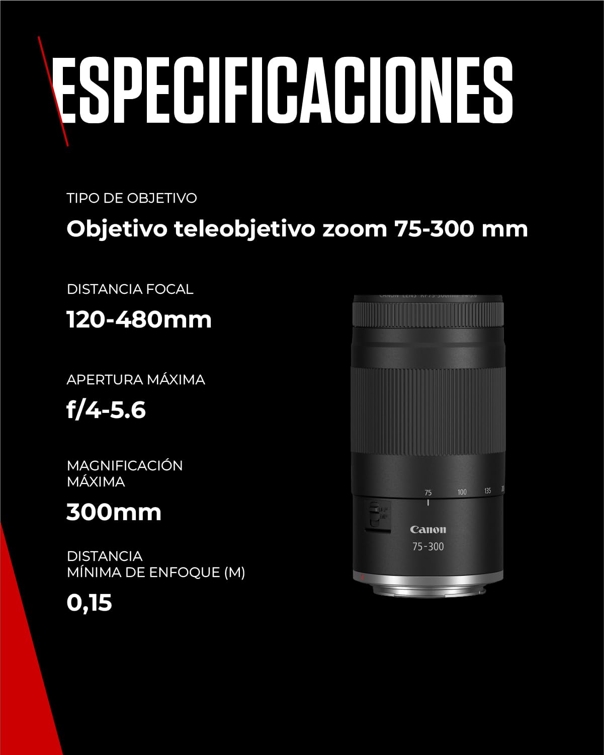Canon Objetivo RF 75-300mm F4-5.6 | Teleobjetivo Zoom Ligero para Fotografía de Naturaleza y Deportes | Enfoque Automático y Revestimiento Super Spectra | Compatible con Cámaras Canon EOS R