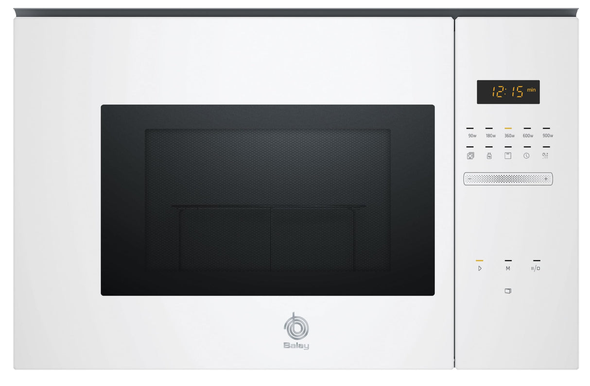 Balay Microondas encastrable sin marco, 38 cm, 25 l, Aqualisis, Ap. lateral izquierda, Cristal blanco, 8 recetas, Programación electrónica paro, Plato giratorio 31,5 cm, Con grill