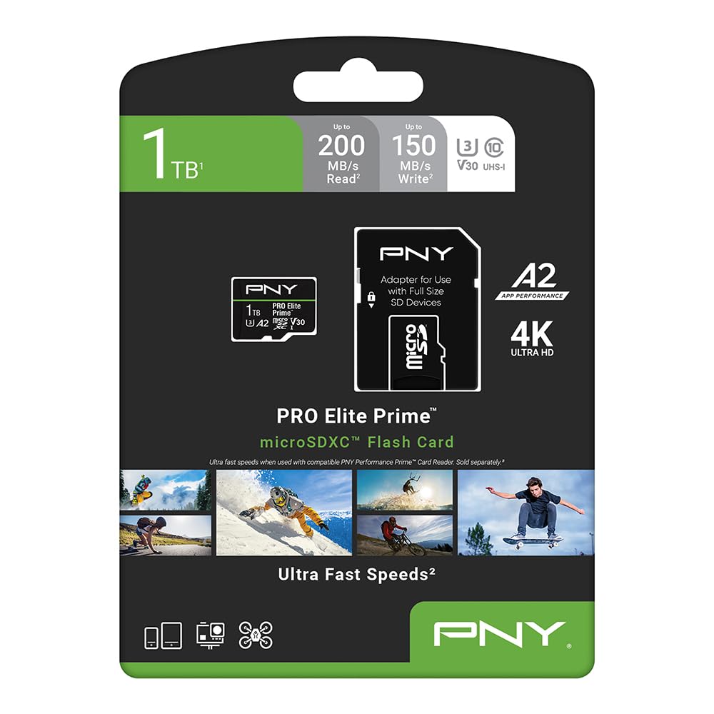 PNY Tarjeta microSDXC 1TB Pro Elite Prime Class 10 U3 V30 A2 + Adaptador SD - hasta 200MB/s, Class 10, U3, V30, A2, 4K UHD, Full HD, UHS-I