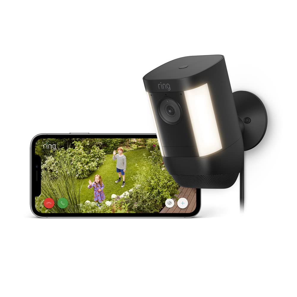 Ring cámara Pro con luces y enchufe (Spotlight Cam Pro Plug-In) | Cámara exterior con vídeo 2K, Ring Vision, detección de movimiento 3D (alternativa al CCTV) | 30 días de prueba gratuita de Ring Home