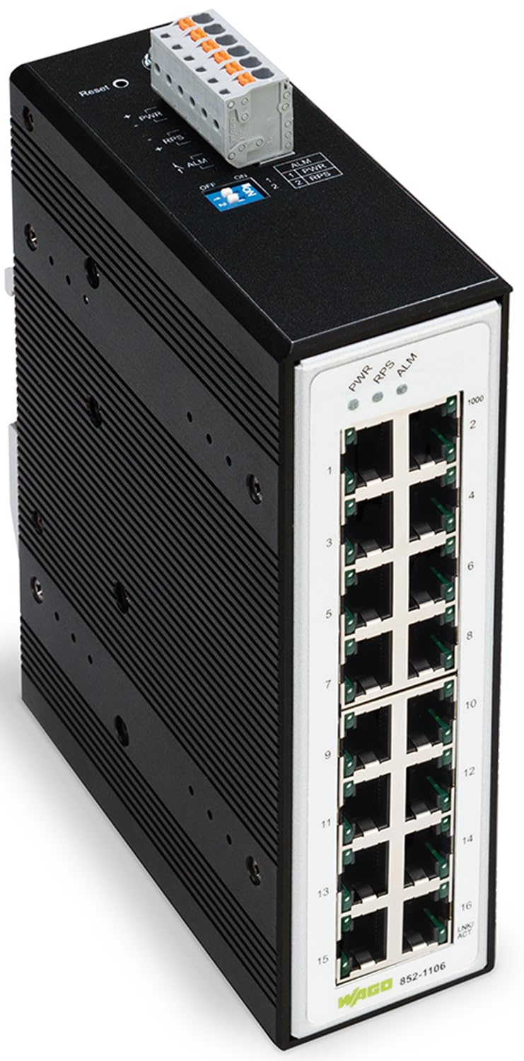 WAGO Interruptor Industrial 852-1106, con 16 Puertos ETHERNET de 10/100/1000 Mbit/s y LED de diagnóstico de Panel Frontal, soporta hasta 8000 direcciones Mac absolutas