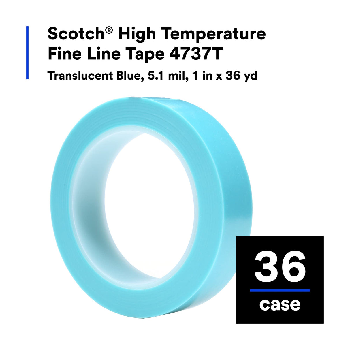 3M Cinta Adhesiva de Alta Temperatura de Línea de Banda, 4737 T, 25,4 mm x 33 m, 0,13 mm, 36 unidades, Azul/Transparente