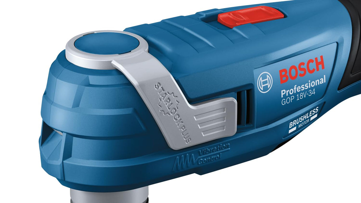 Bosch Professional 18V System multiherramienta a batería GOP 18V-34 (motor Brushless sin escobillas, Vibration Control, con varias cuchillas, 1 plato de lija, 5 hojas de lija, 5 accesorios en L-BOXX)